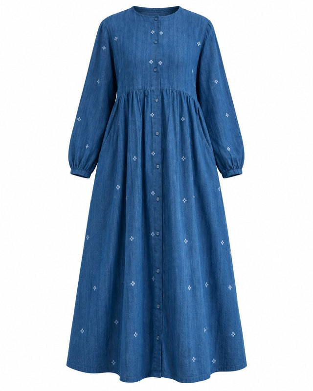 Fragments Jamdani Indigo Cotton Shirt Dress - Shirt Dress - Mizyana
