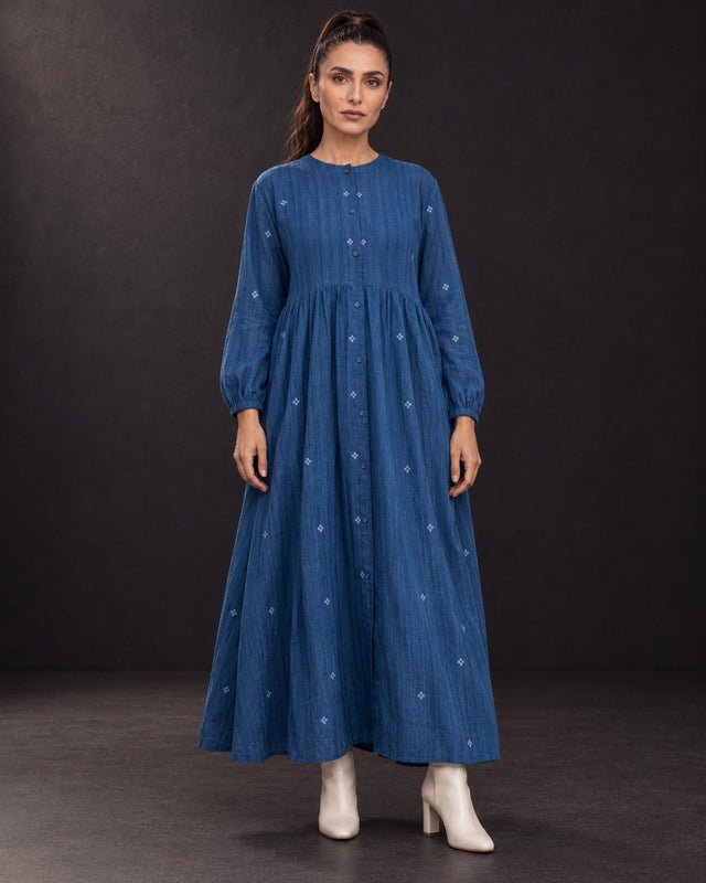 Fragments Jamdani Indigo Cotton Shirt Dress - Shirt Dress - Mizyana
