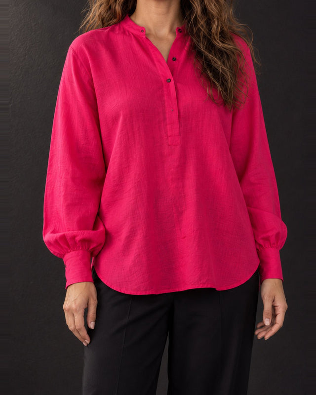 Fuchsia Handwoven Mulberry Silk Boxy Shirt with Concealed Placket - Shirt - Mizyana