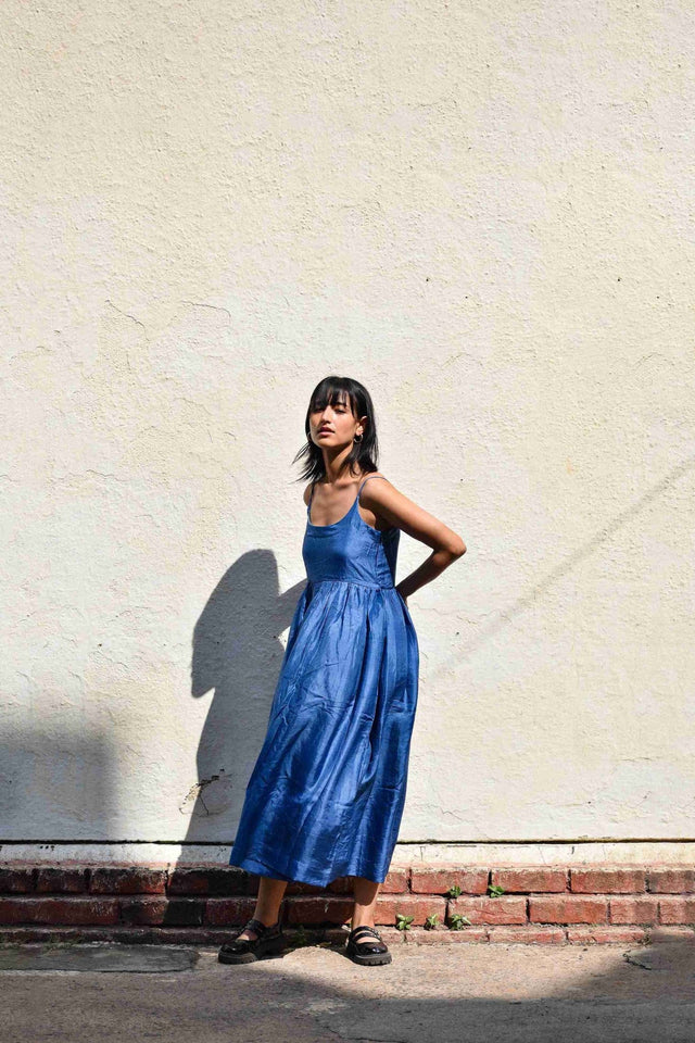 Gathered Silk Dress-Medium indigo - Dress - Mizyana
