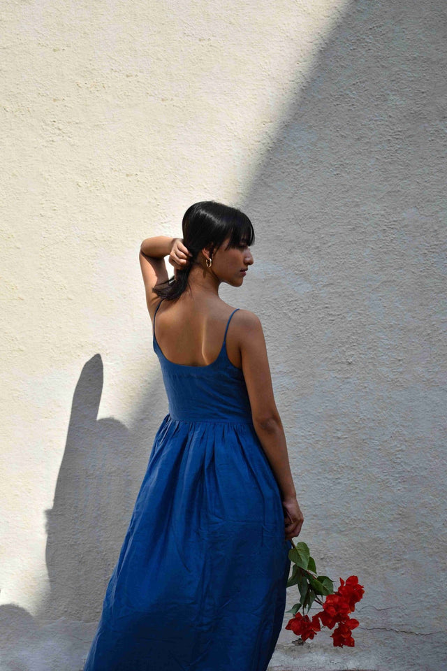 Gathered Silk Dress-Medium indigo - Dress - Mizyana