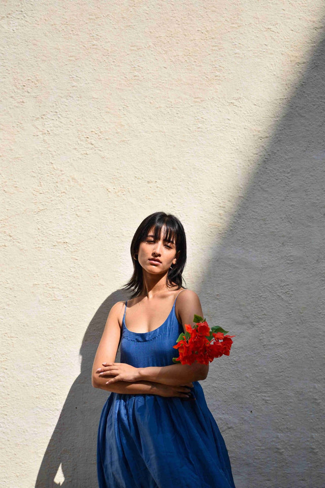 Gathered Silk Dress-Medium indigo - Dress - Mizyana