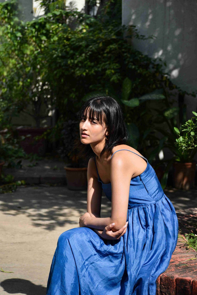 Gathered Silk Dress-Medium indigo - Dress - Mizyana