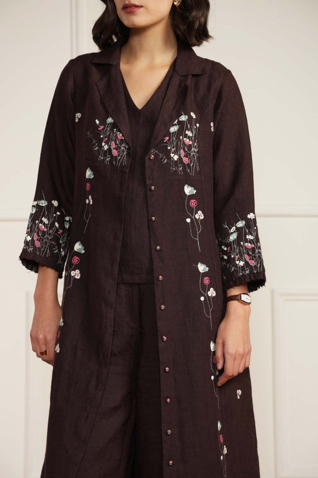 Grape Linen Printed Jacket With Flared Pants and Top in Linen - Two-Piece Set - Mizyana