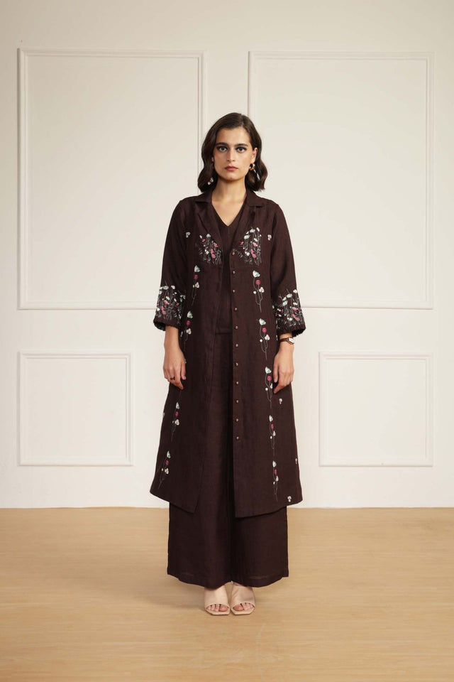 Grape Linen Printed Jacket With Flared Pants and Top in Linen - Two-Piece Set - Mizyana