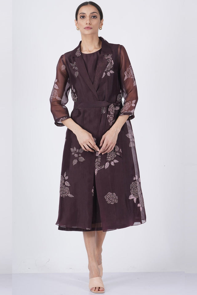 Grape rose print organza jacket with solid dress - Dress - Mizyana