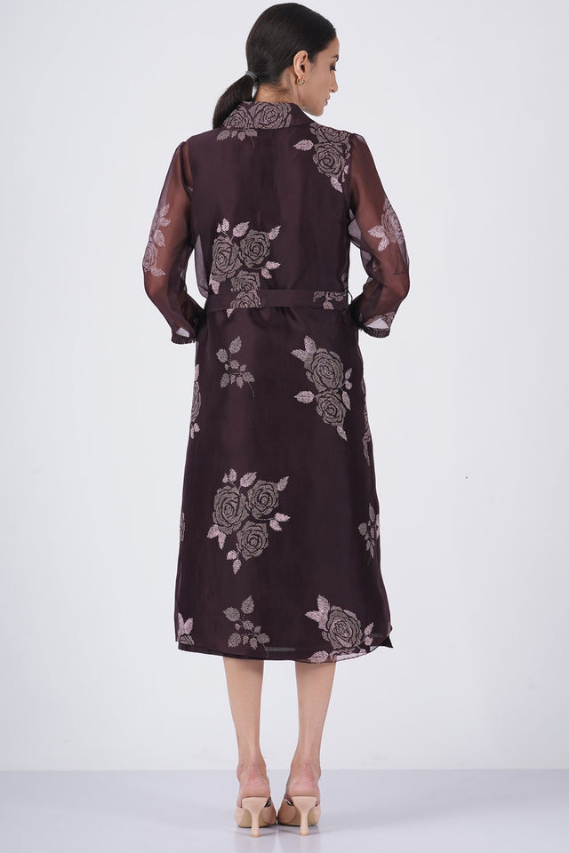 Grape rose print organza jacket with solid dress - Dress - Mizyana