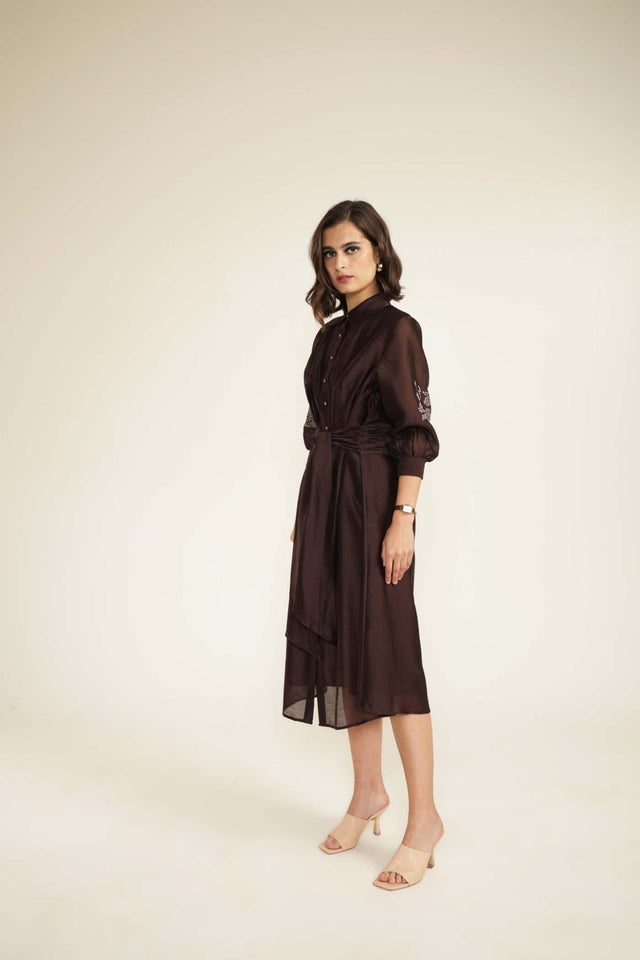 Grape Tie Up Dress with Hand Embroidery - Dress - Mizyana