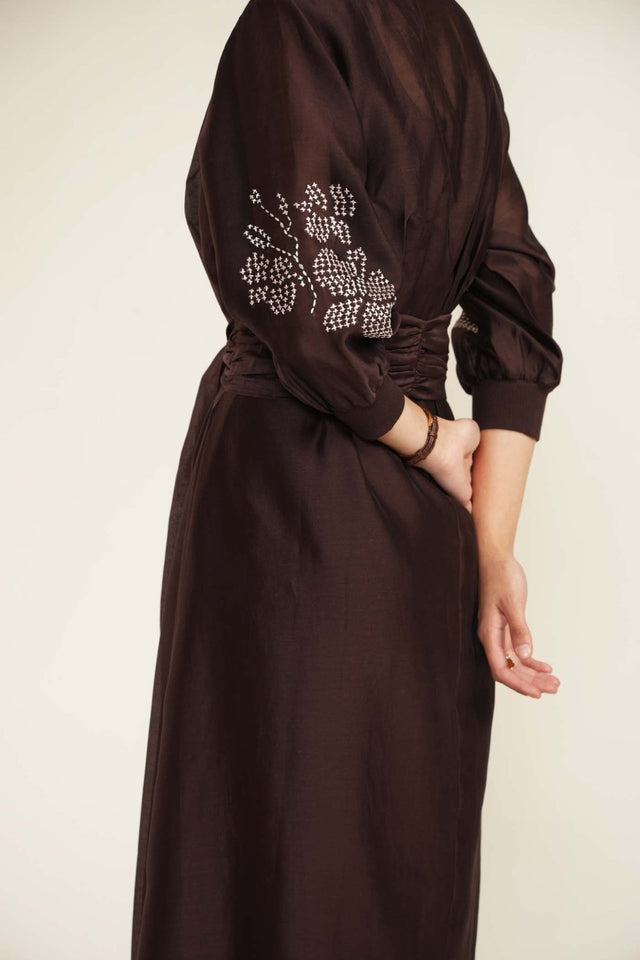Grape Tie Up Dress with Hand Embroidery - Dress - Mizyana