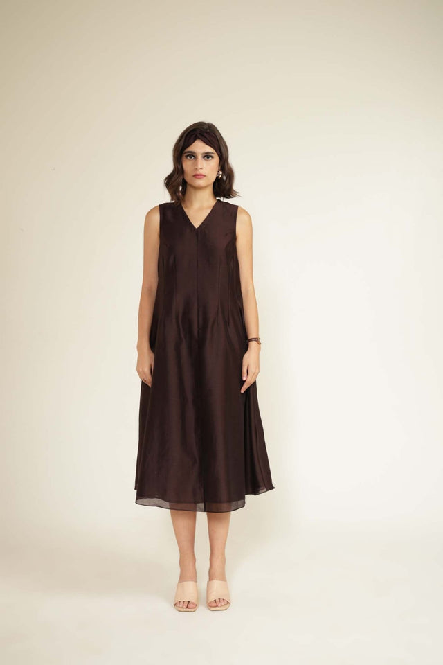 Grape V-Neck Dress in Silk Chanderi and Printed Silk Chanderi Jacket with Embroidery - Dress - Mizyana