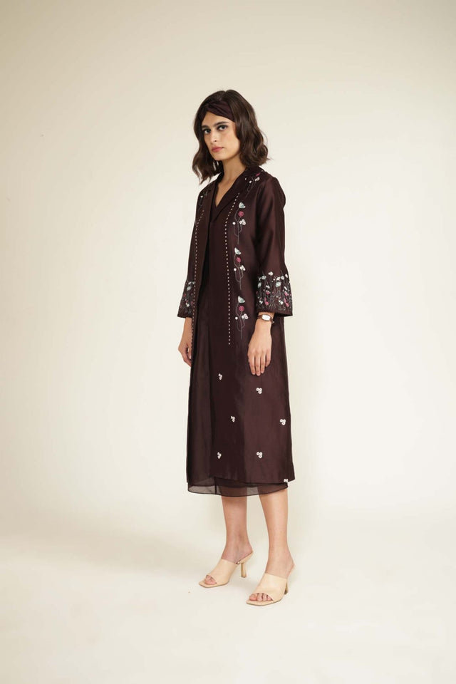 Grape V-Neck Dress in Silk Chanderi and Printed Silk Chanderi Jacket with Embroidery - Dress - Mizyana