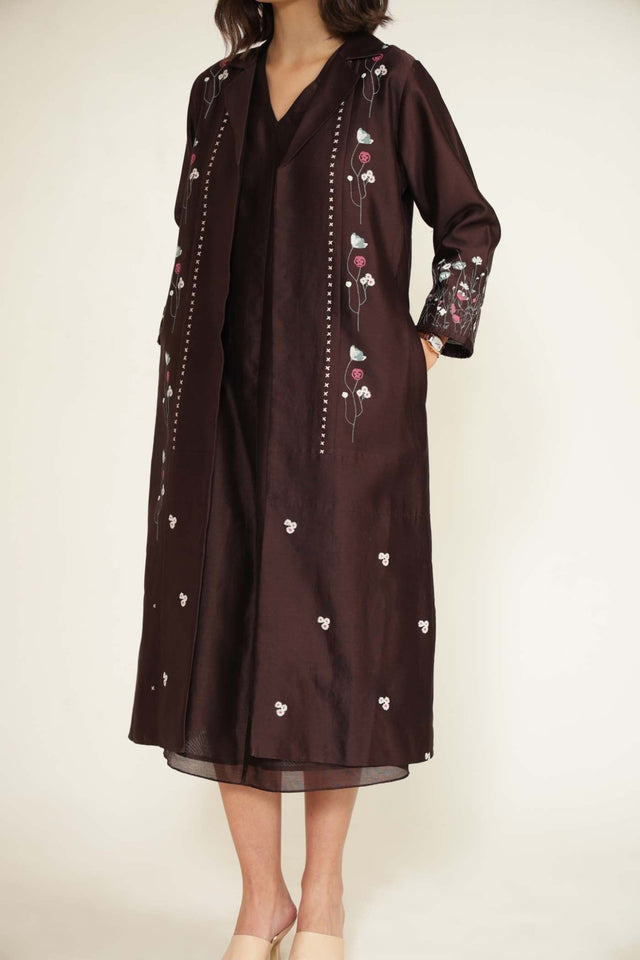Grape V-Neck Dress in Silk Chanderi and Printed Silk Chanderi Jacket with Embroidery - Dress - Mizyana