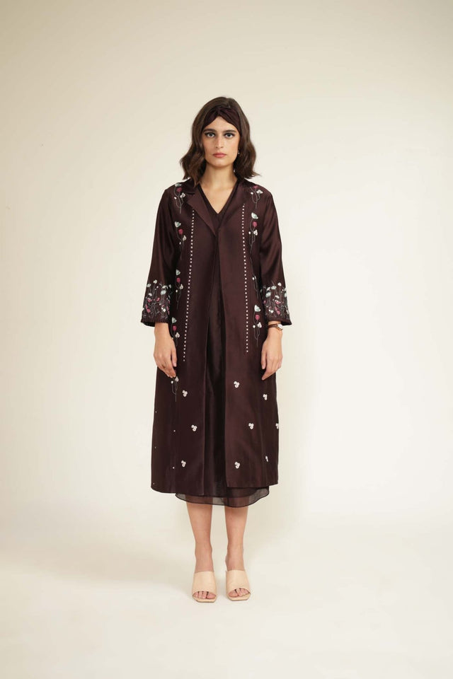 Grape V-Neck Dress in Silk Chanderi and Printed Silk Chanderi Jacket with Embroidery - Dress - Mizyana
