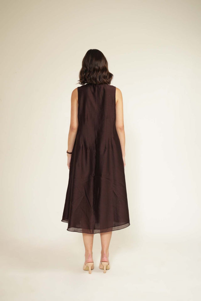 Grape V-Neck Dress in Silk Chanderi and Printed Silk Chanderi Jacket with Embroidery - Dress - Mizyana