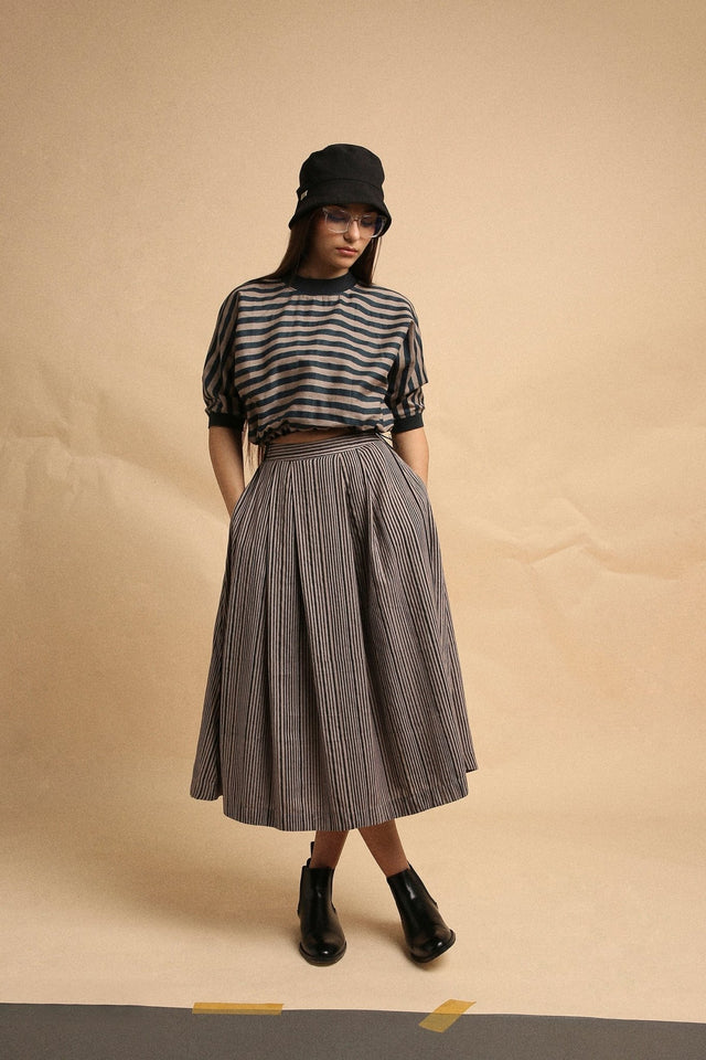 Gray Med Striped New Sphara Crop Top & Skirt Co-Ord Set (2 PCS) - Co-ord Set - Mizyana