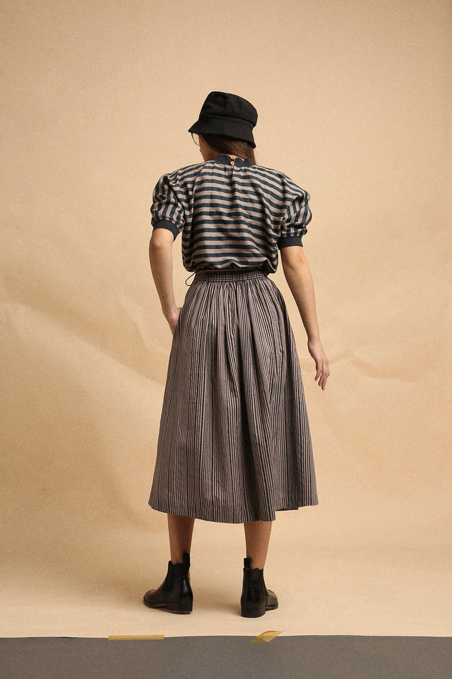 Gray with Narrow Charcoal Striped Box Pleated Skirt - Skirt - Mizyana
