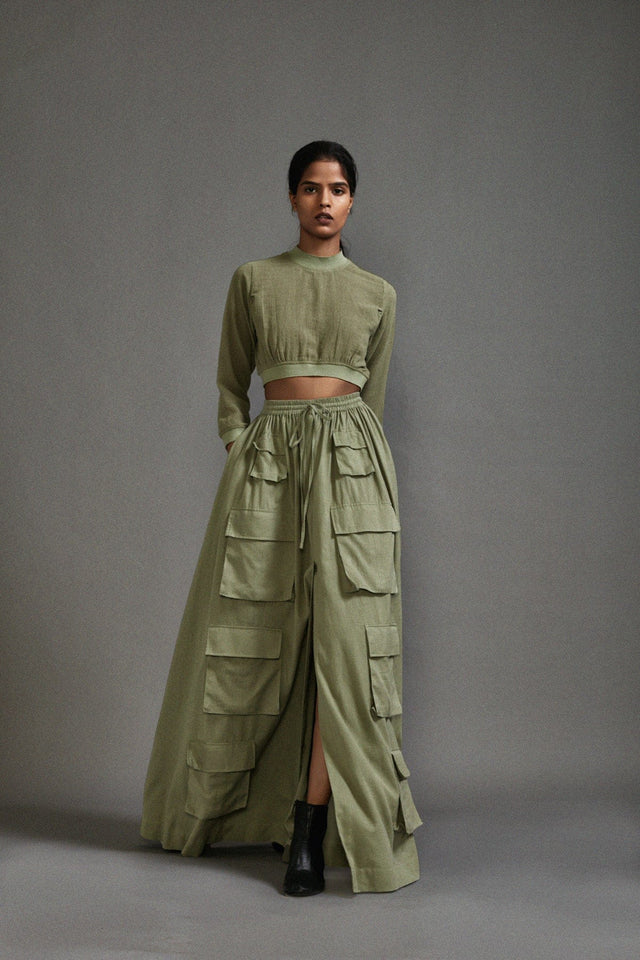 Green Crop Top and Cargo Skirt Set - Two-Piece Set - Mizyana