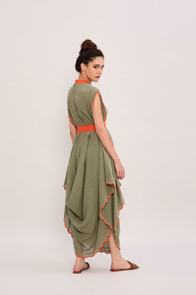 Green Ribbed Scallop Cowl Dress - Dress - Mizyana