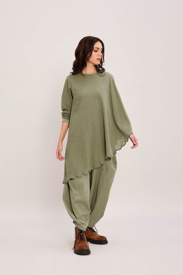 Green Ribbed Scallop Tunic Set (2 PCS) - Two-Piece Set - Mizyana