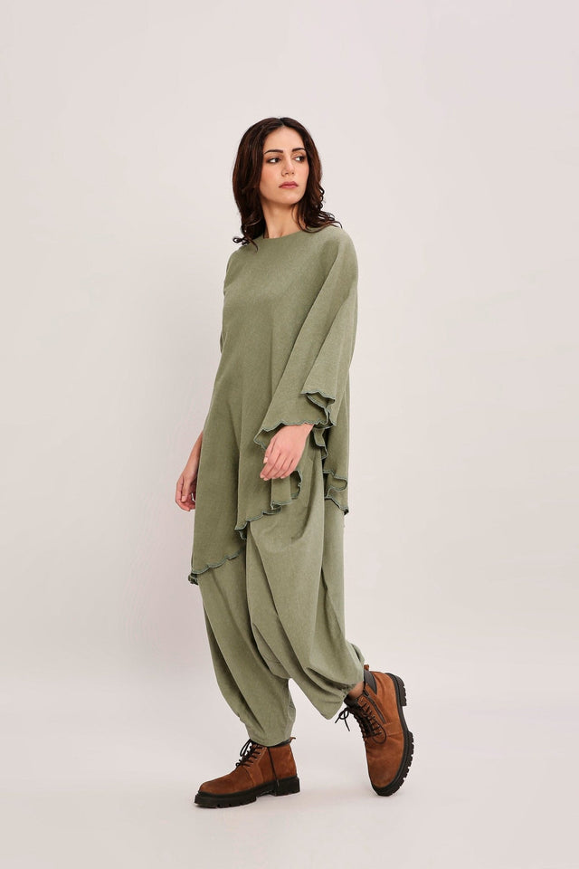 Green Ribbed Scallop Tunic Set (2 PCS) - Two-Piece Set - Mizyana
