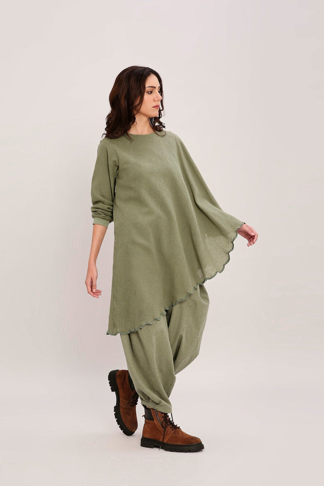 Green Ribbed Scallop Tunic Set (2 PCS) - Two-Piece Set - Mizyana