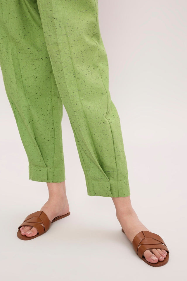Green Textured Cotton Dotted Pants - Trousers - Mizyana