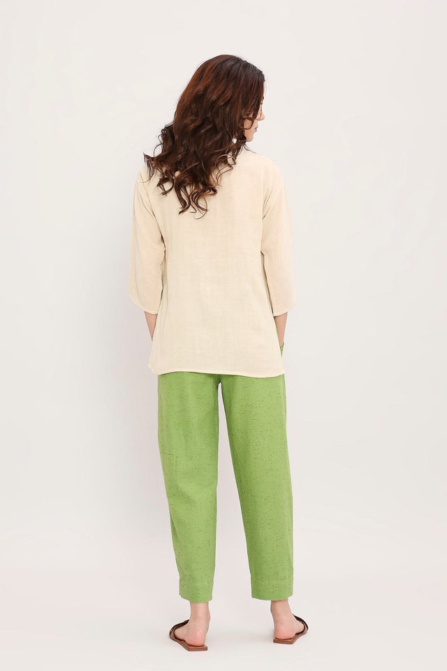 Green Textured Cotton Dotted Pants - Trousers - Mizyana