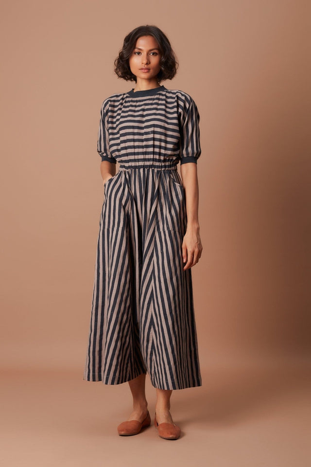 Grey and Charcoal Striped Mati Sphara Jumpsuit - Jumpsuit - Mizyana