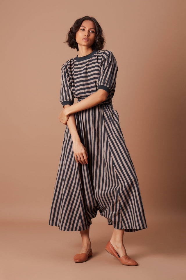 Grey and Charcoal Striped Mati Sphara Jumpsuit - Jumpsuit - Mizyana
