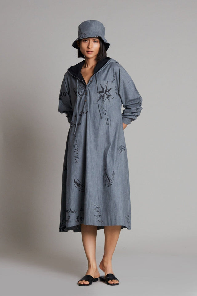 Grey Denim Hoodie Dress - Dress - Mizyana