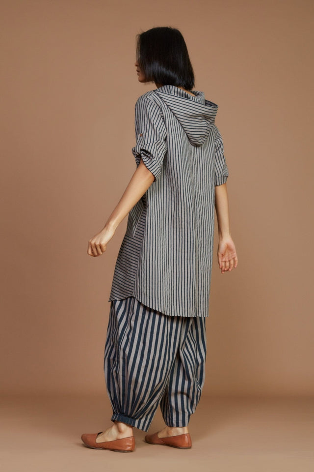 Grey With Charcoal Striped Hooded Co-Ord Set - Co-ord Set - Mizyana