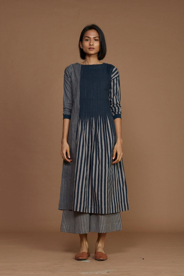 Grey With Charcoal Striped Pleated Co-Ord Set - Co-ord Set - Mizyana
