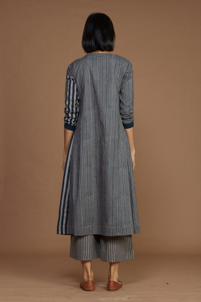 Grey With Charcoal Striped Pleated Co-Ord Set - Co-ord Set - Mizyana