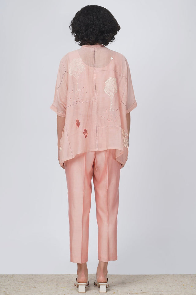 Hakoni print cotton chanderi kaftan top with pintuck detail and silk chanderi pant - Two-Piece Set - Mizyana
