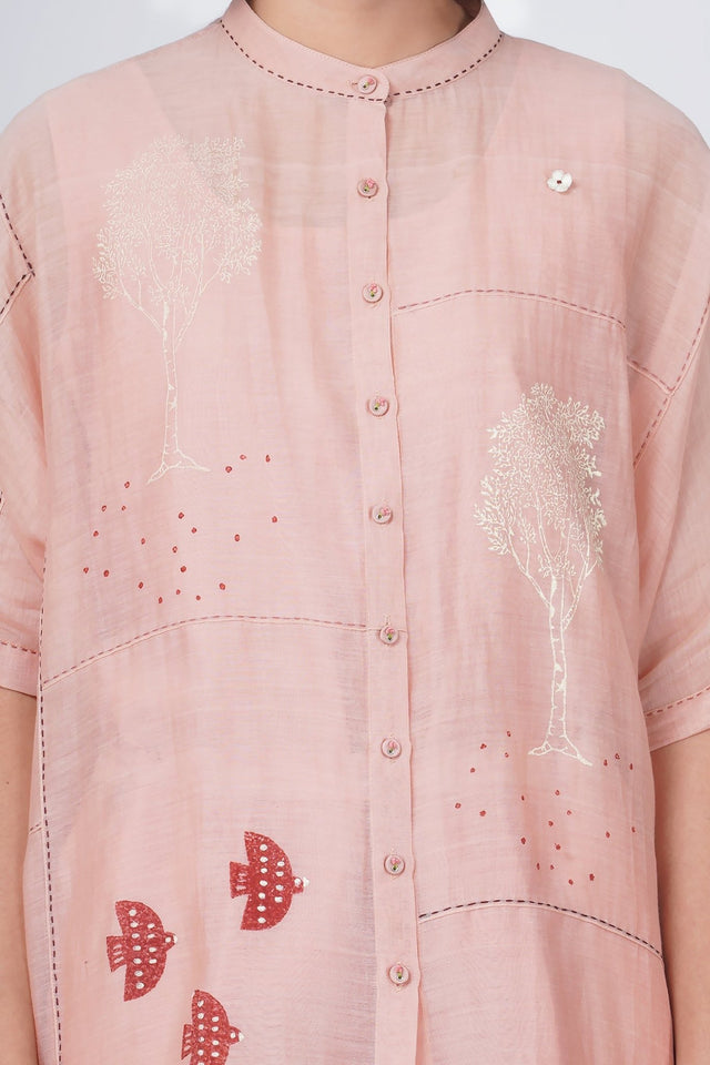 Hakoni print cotton chanderi kaftan top with pintuck detail and silk chanderi pant - Two-Piece Set - Mizyana