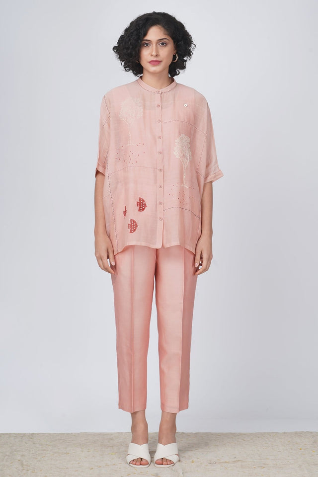 Hakoni print cotton chanderi kaftan top with pintuck detail and silk chanderi pant - Two-Piece Set - Mizyana