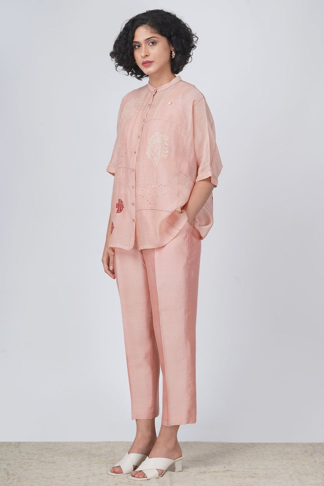 Hakoni print cotton chanderi kaftan top with pintuck detail and silk chanderi pant - Two-Piece Set - Mizyana