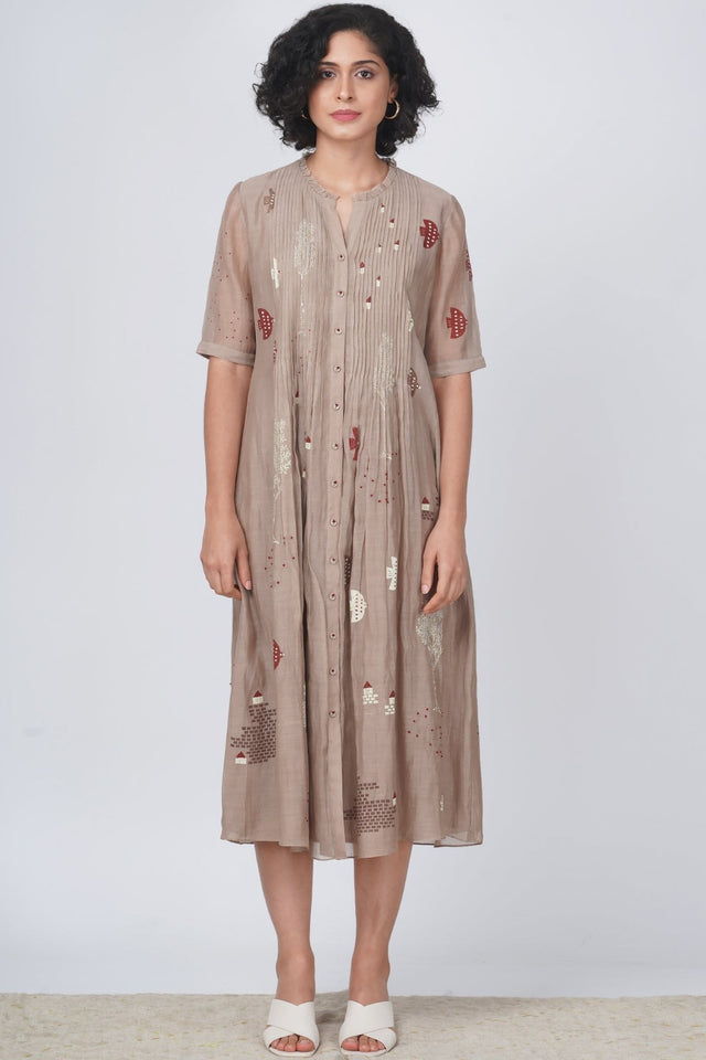 Hakoni print pleated dress in cotton chanderi - Dress - Mizyana