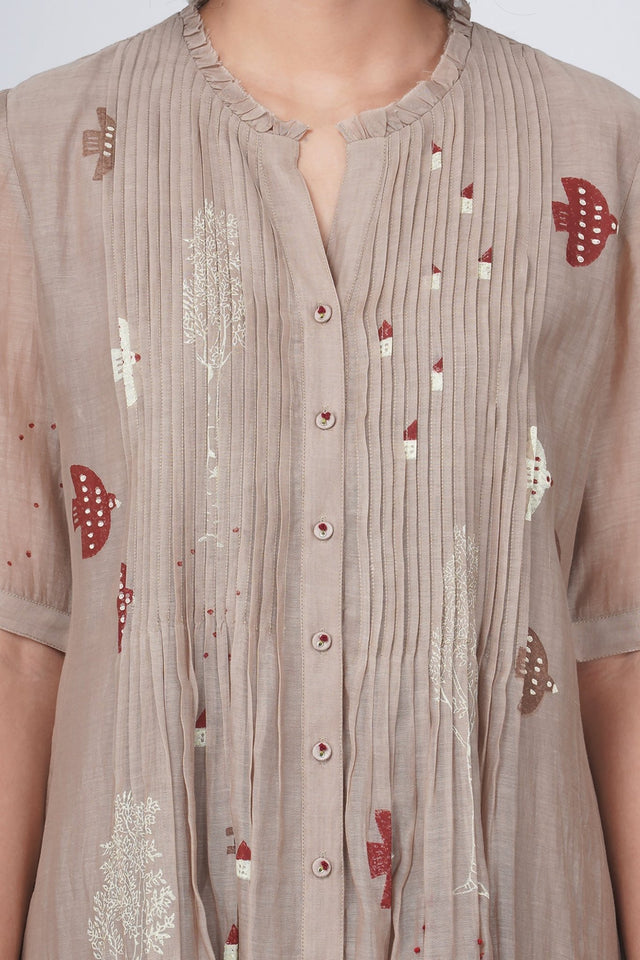 Hakoni print pleated dress in cotton chanderi - Dress - Mizyana