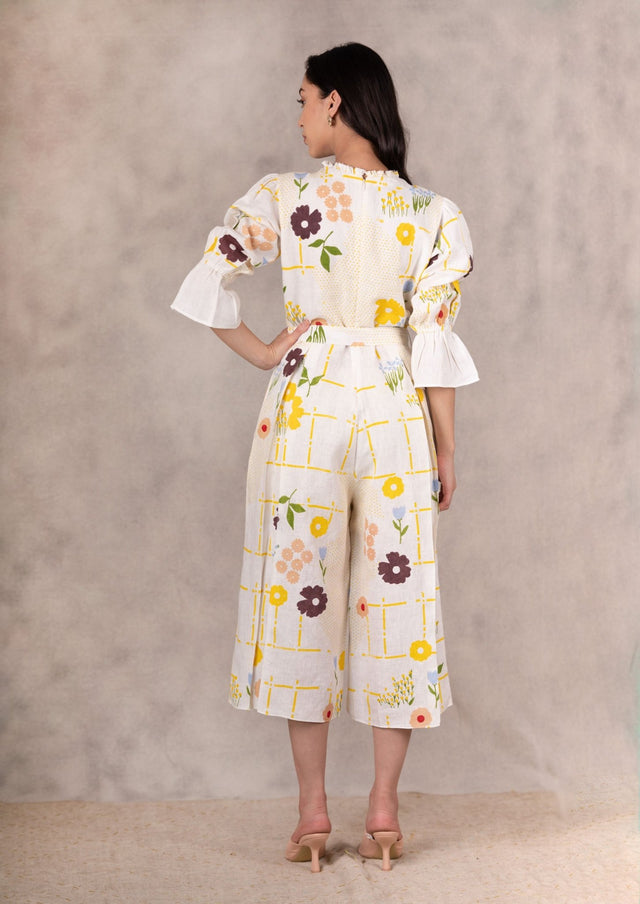 Hand Block Floral Jumpsuit With Hand Made Details In Linen - Jumpsuit - Mizyana