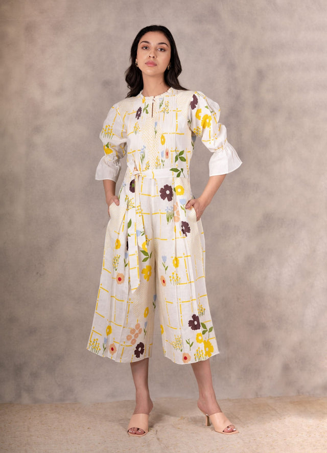 Hand Block Floral Jumpsuit With Hand Made Details In Linen - Jumpsuit - Mizyana