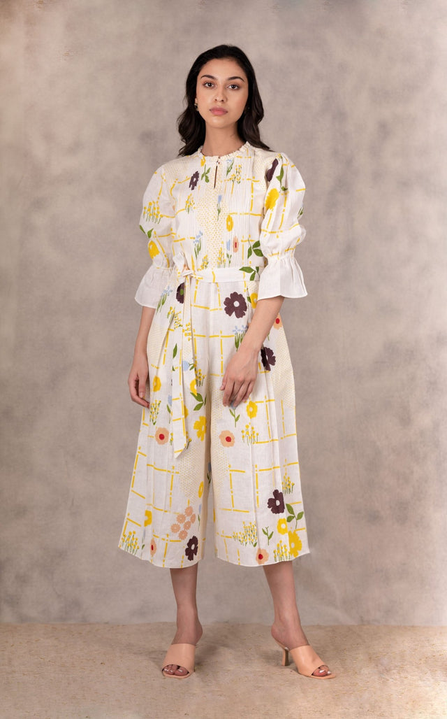Hand Block Floral Jumpsuit With Hand Made Details In Linen - Jumpsuit - Mizyana