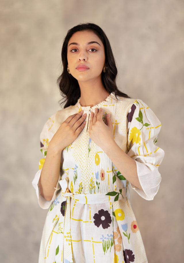 Hand Block Floral Jumpsuit With Hand Made Details In Linen - Jumpsuit - Mizyana