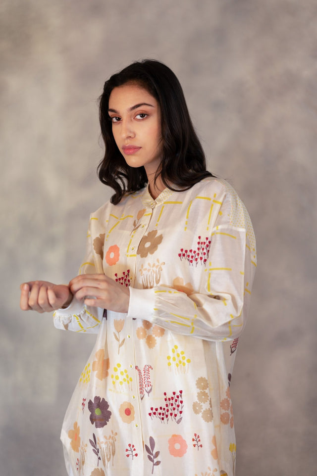 Hand Block Floral Print Long Shirt With Embroidery In Chanderi - Shirt - Mizyana