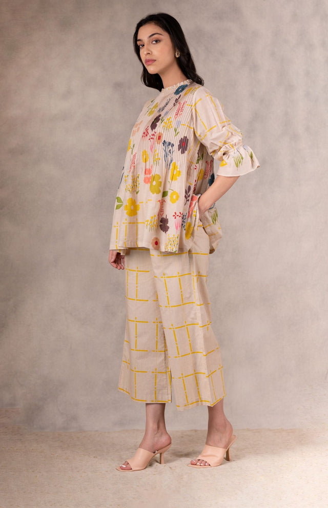 Hand Block Floral Print Pink Tuck Top In Cotton Silk - Shirt - Mizyana