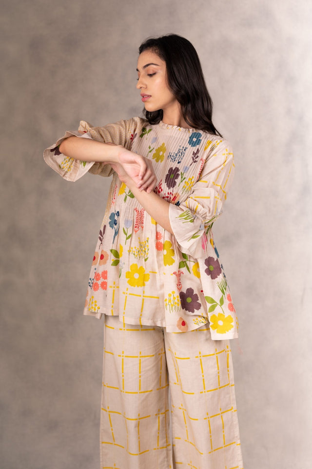 Hand Block Floral Print Pink Tuck Top In Cotton Silk - Shirt - Mizyana