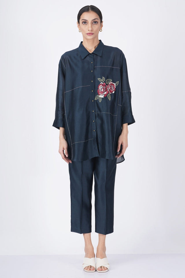 Hand embroiderd rose shirt with straight pant - Two-Piece Set - Mizyana