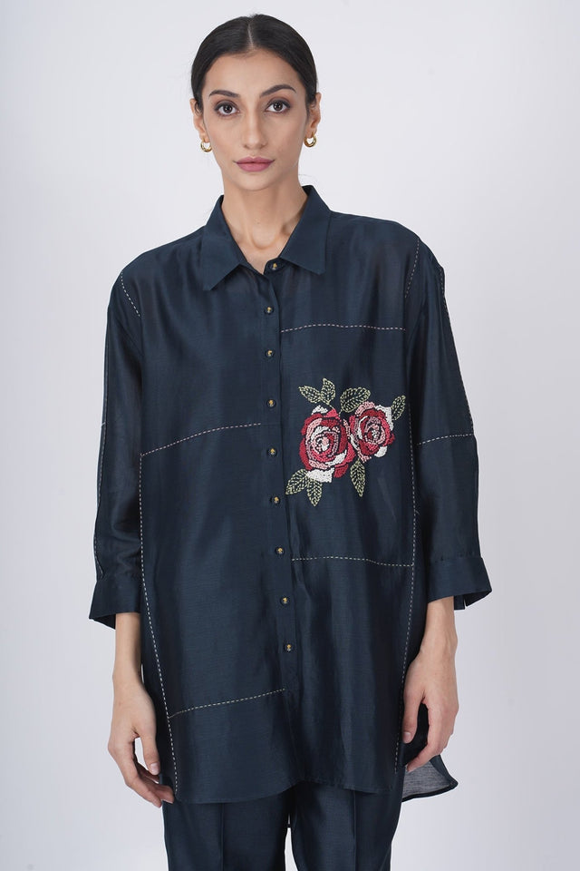 Hand embroiderd rose shirt with straight pant - Two-Piece Set - Mizyana