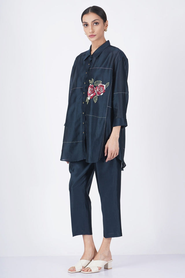 Hand embroiderd rose shirt with straight pant - Two-Piece Set - Mizyana