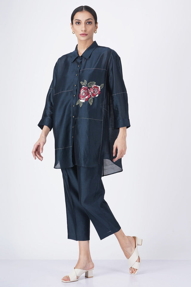 Hand embroiderd rose shirt with straight pant - Two-Piece Set - Mizyana